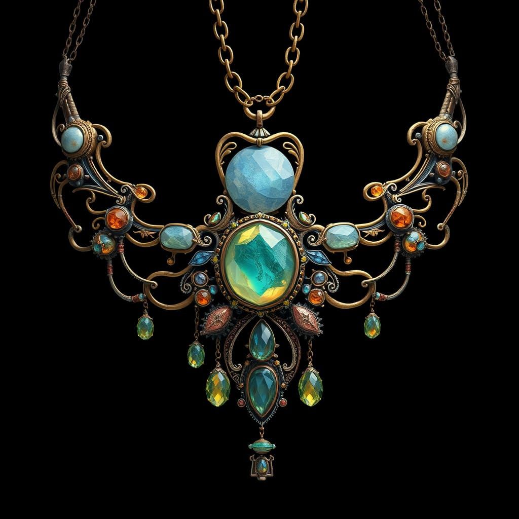 Surreal Cosmic Necklace in Art Nouveau and Sci-Fi Style