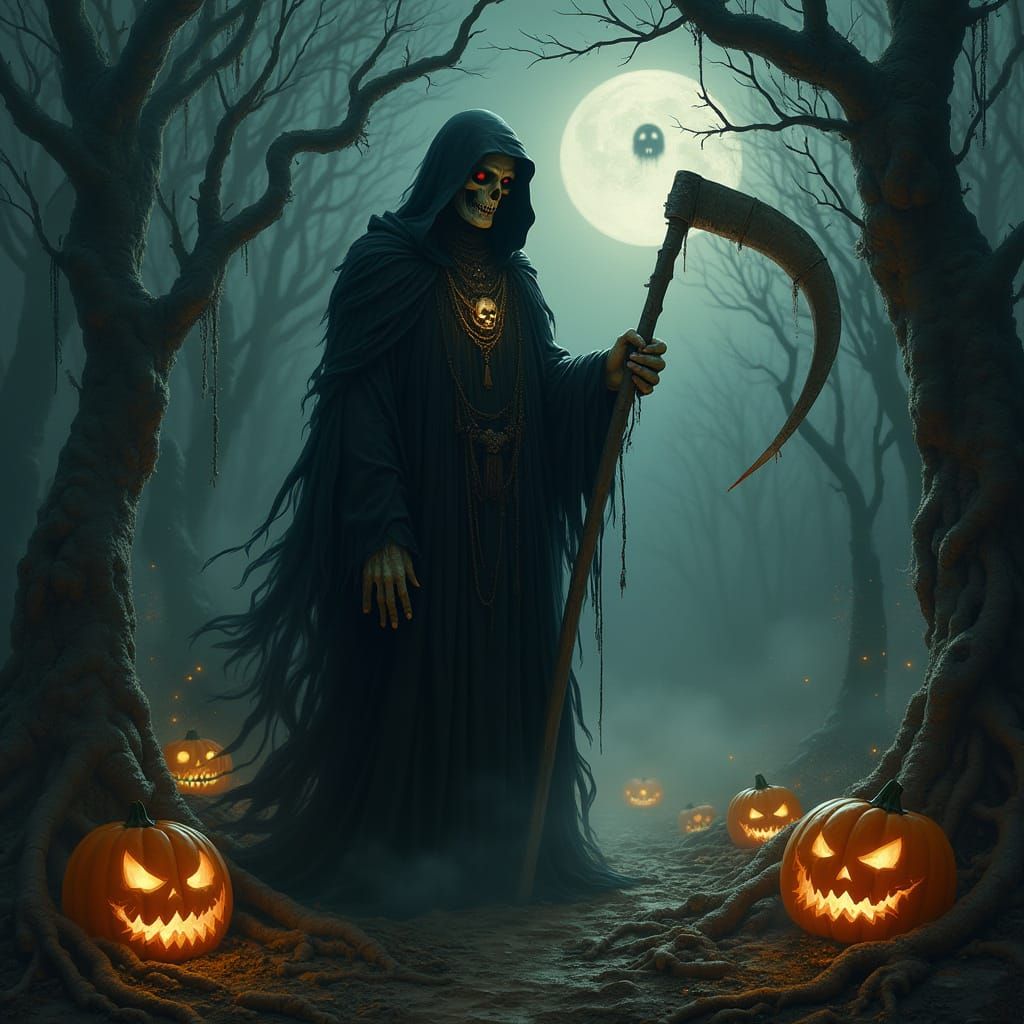 Grim Reaper in Misty Forest with Jack-o'-Lanterns