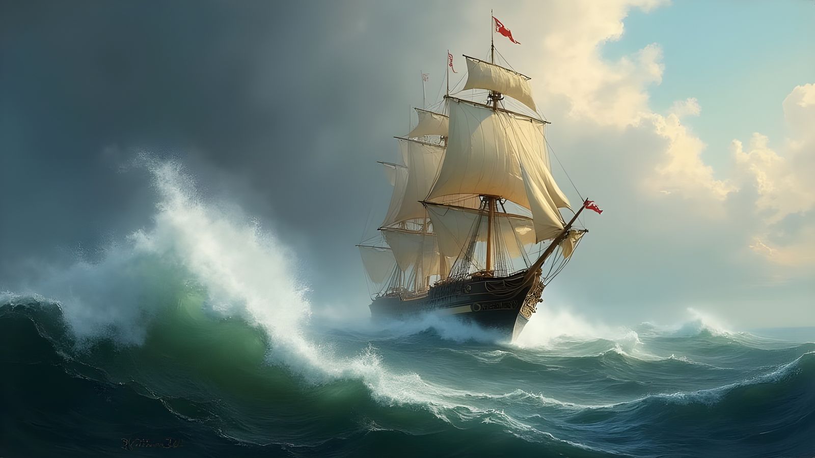 Galleon Navigating Stormy Sea as Maritime Painting