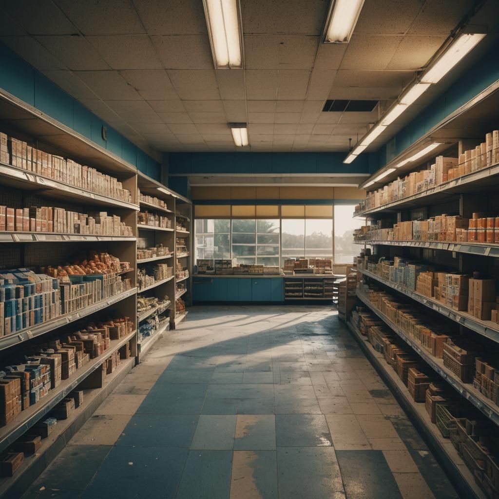Brutalist Supermarket Interior in Cinematic Style