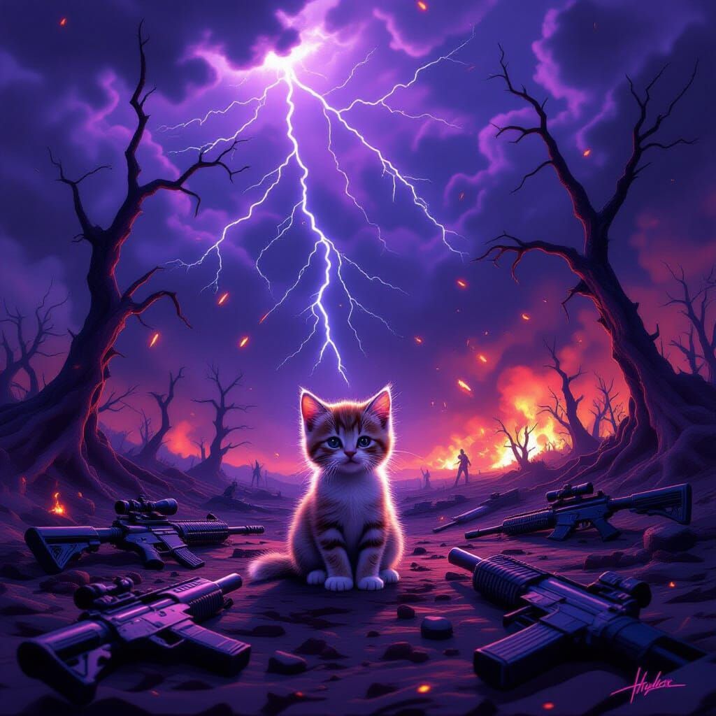 Kitten in Chaotic Alien Landscape with Lightning and Guns