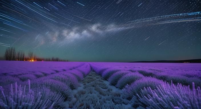 Star Trails Over Frozen Lavender Field: Astrophotography