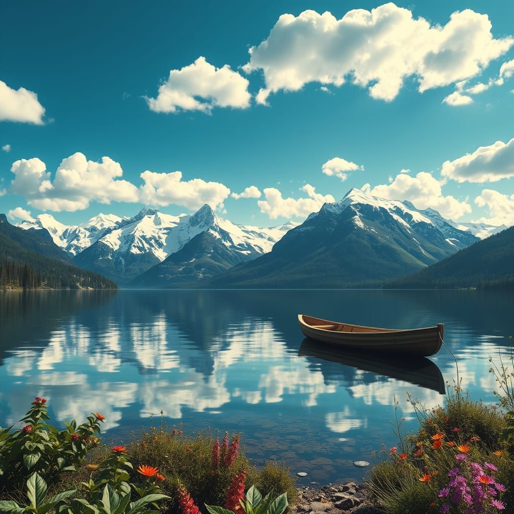 Ethereal Futuristic Lake Scene with Majestic Mountains