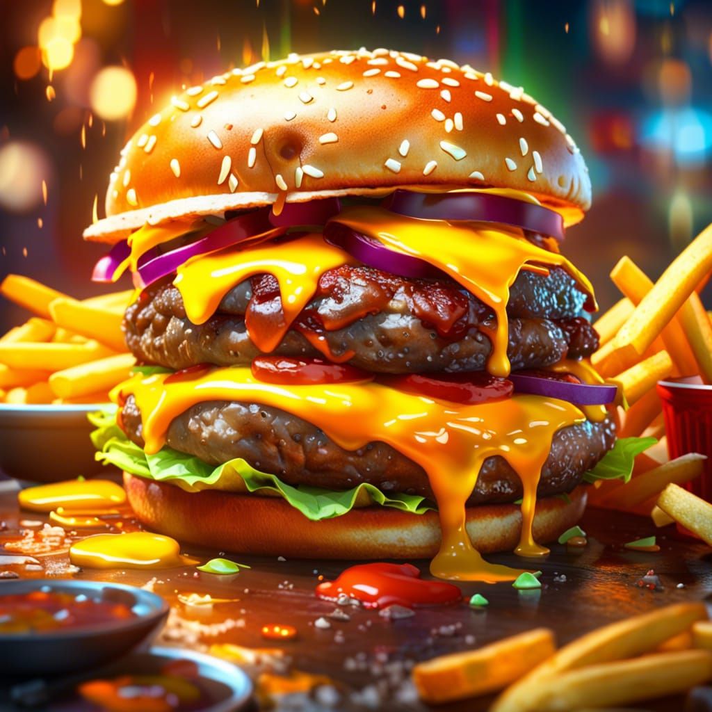 Delicious Cheeseburger and Fries in Photorealistic Style