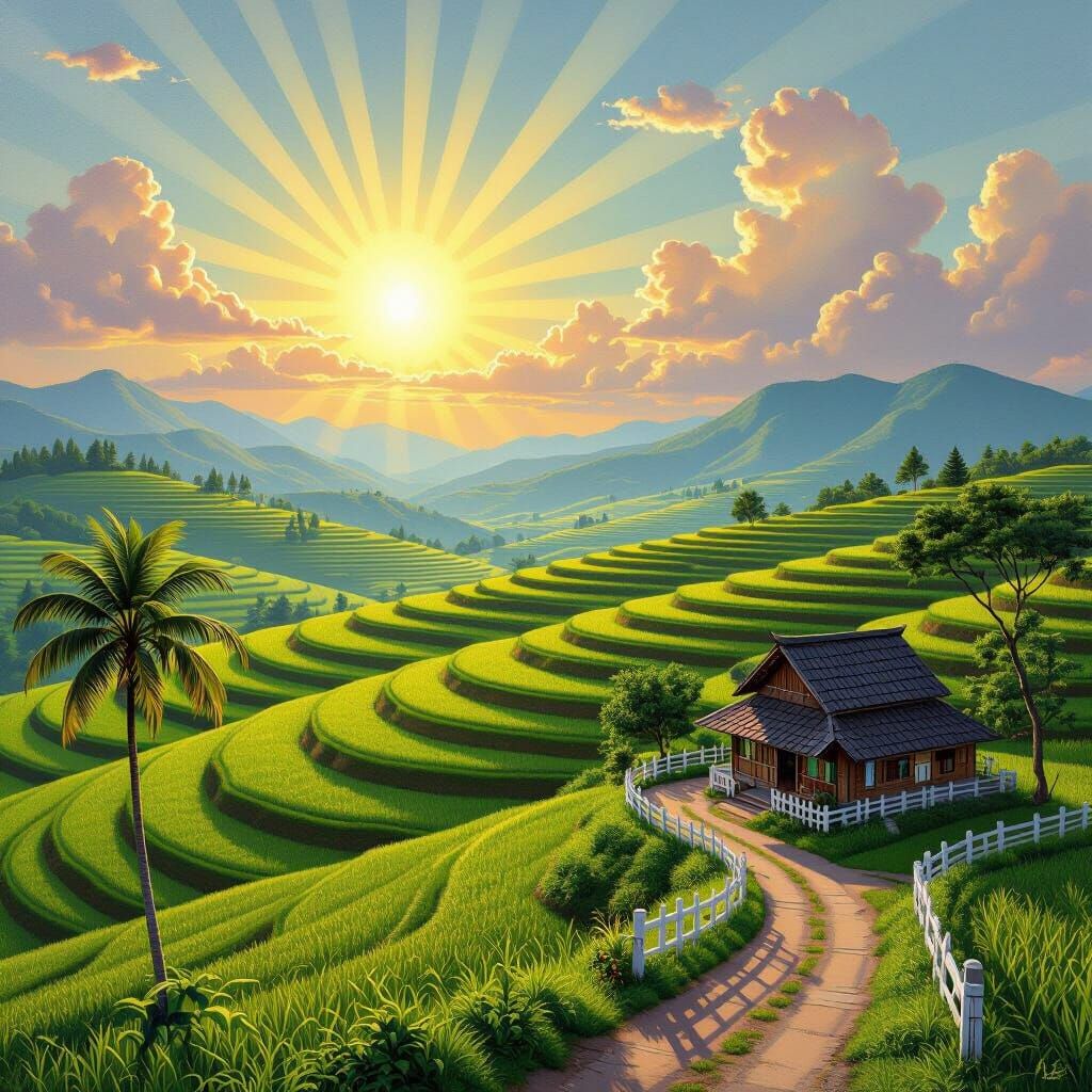 Idealized Rural Landscape Oil Painting with Golden Sun