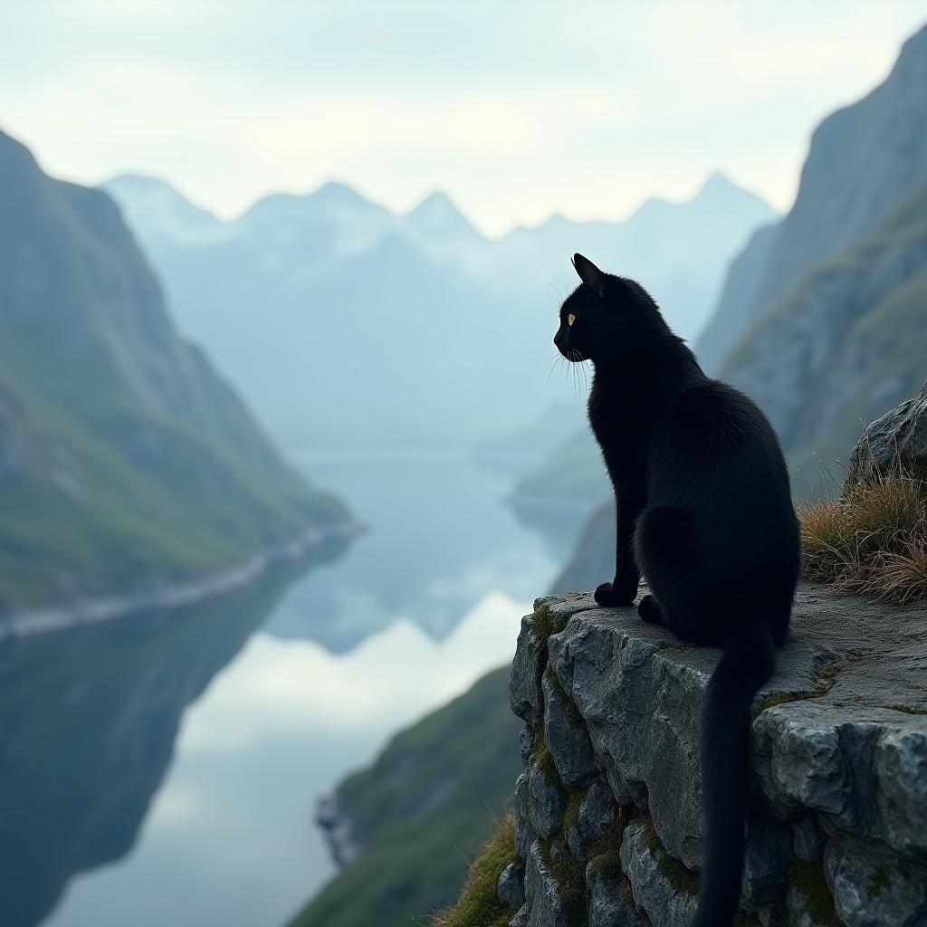 Black Cat Overlooking Norwegian Fjord in Fantasy Style