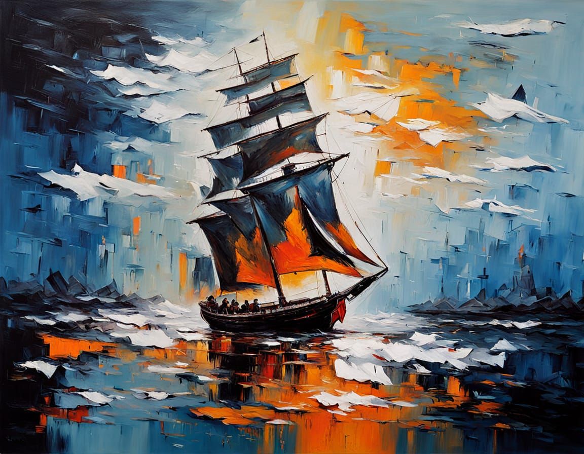 White Sail Ship in Fiery Storm Seascape Knife Painting