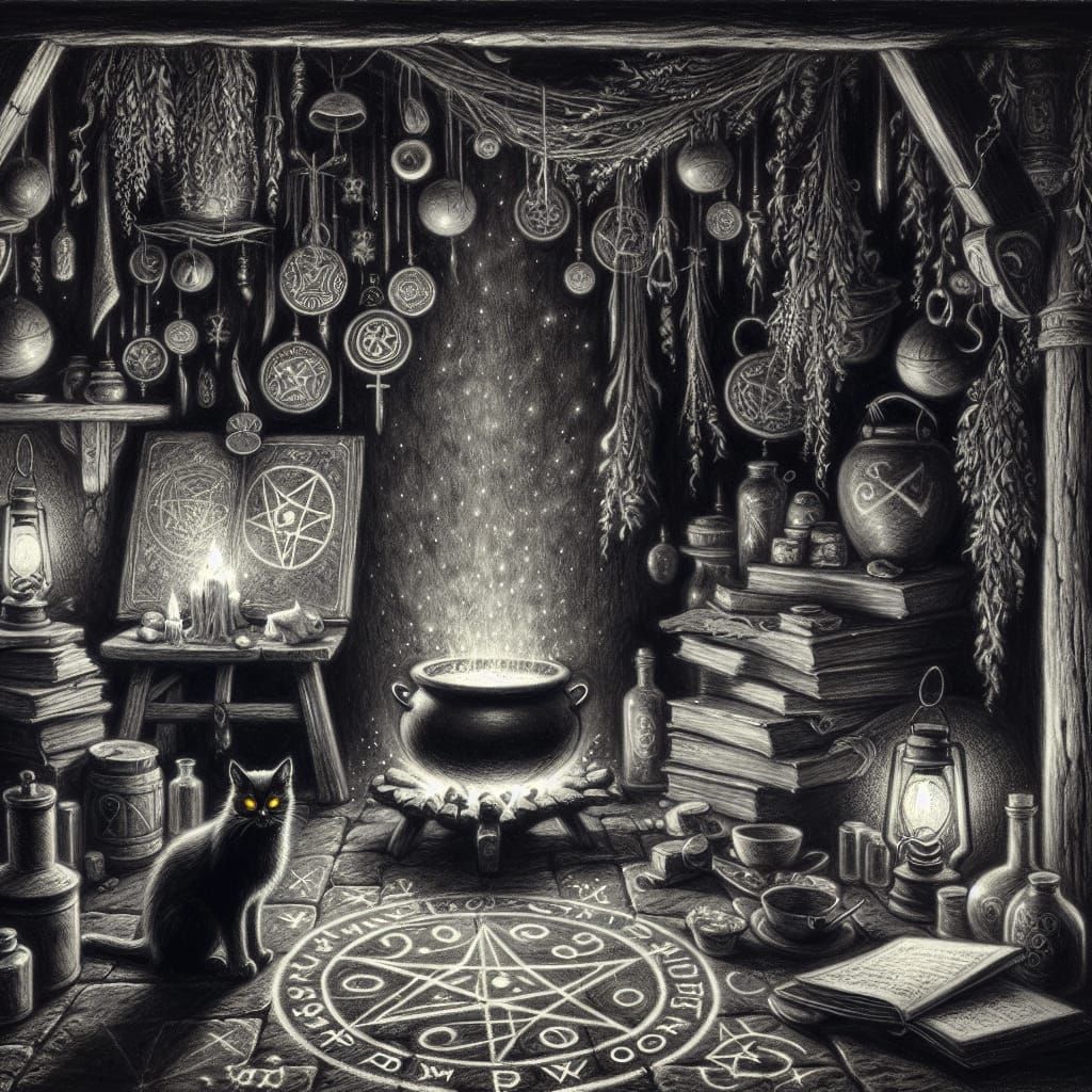 Detailed Charcoal Drawing of a Bewitched Scene