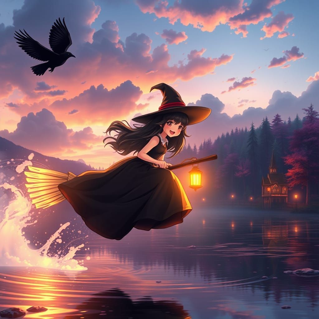 Cute Witch Zooming on Broomstick in 3D Anime Style