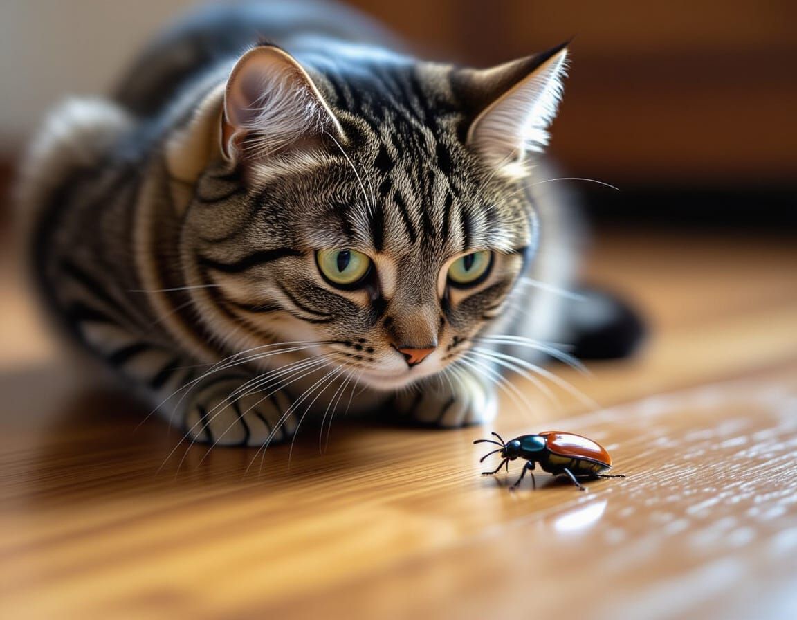 Grey Tabby Cat Watches Beetle on Hardwood Floor