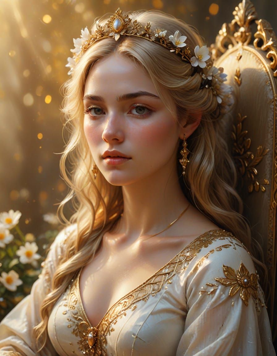 Serene Goddess in Golden Light, Mythic Realism Oil Painting