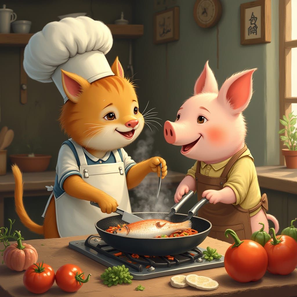 Cat and Pig Cooking Together in Cozy Kitchen