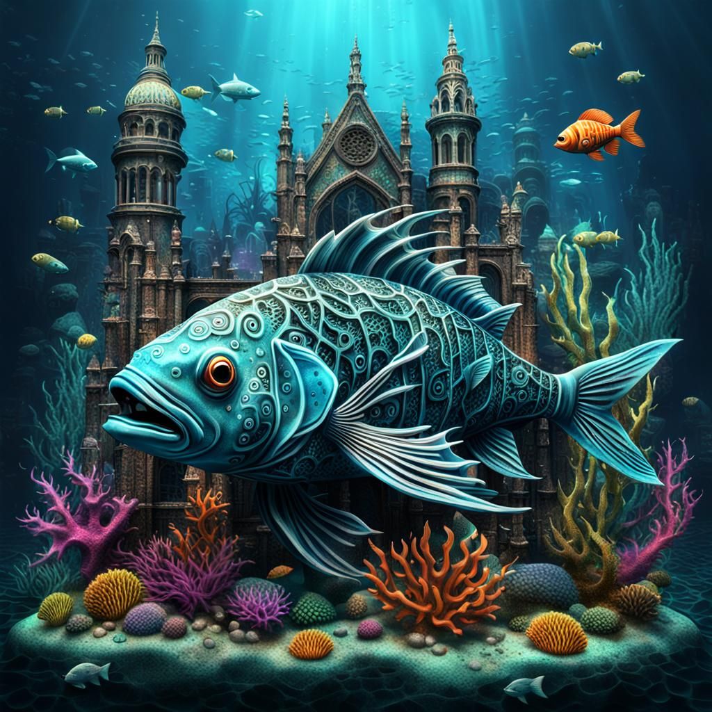 Fantastical Sea Creature in Dark Underwater Cityscape