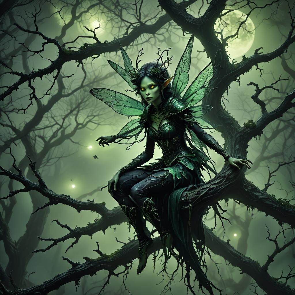 Frightening Fairy in Misty Forest: Dark Fantasy Art