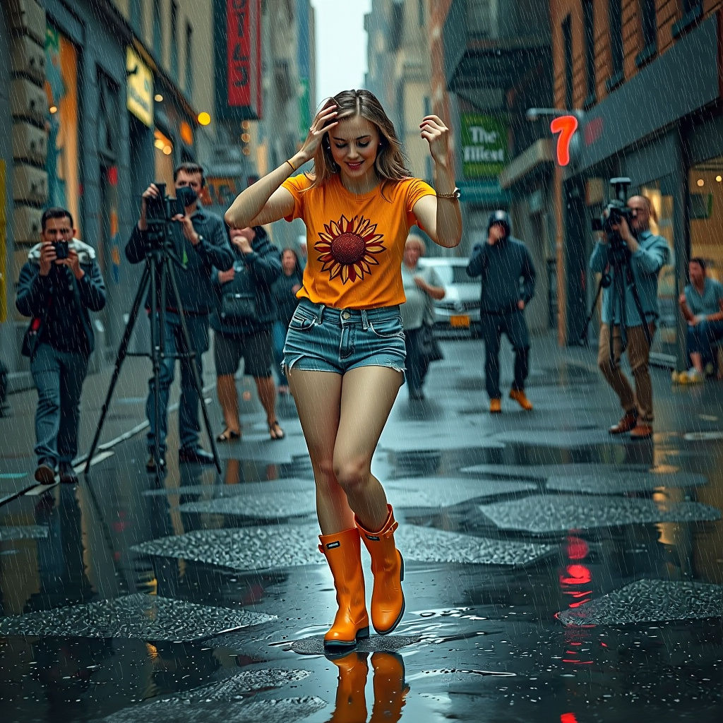 Woman Dancing in Rainy City Street, Photorealistic Style