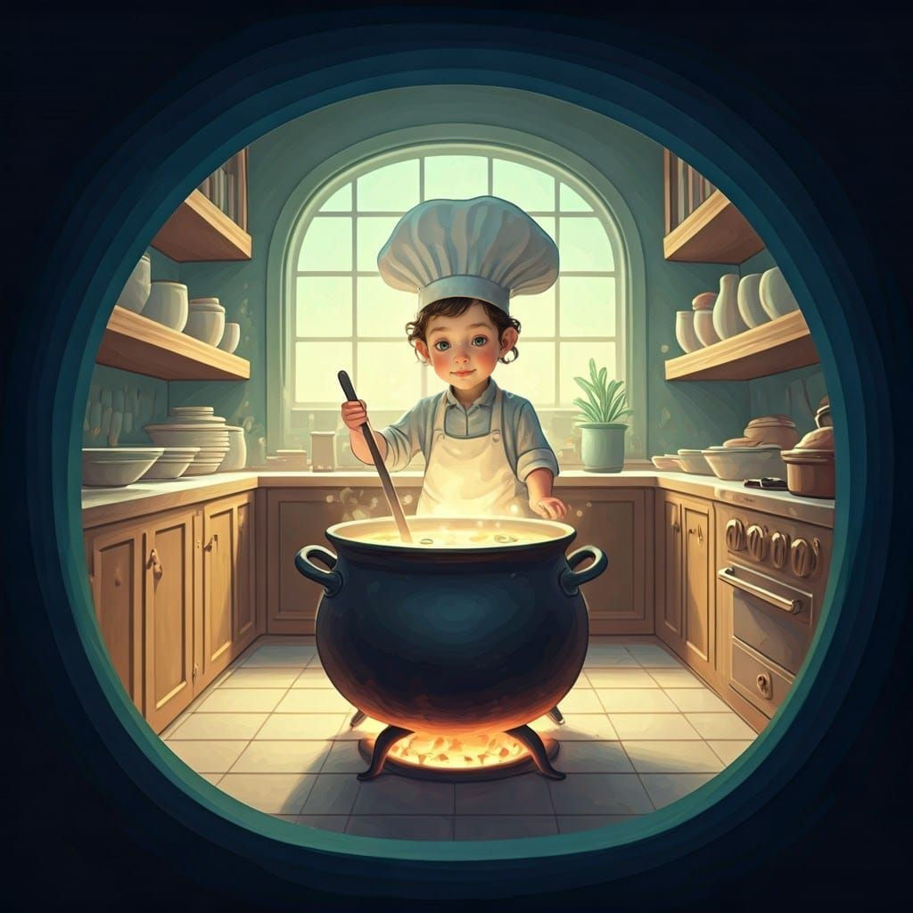 Whimsical Watercolor Kitchen Scene with Hasidic Boy Stirring...