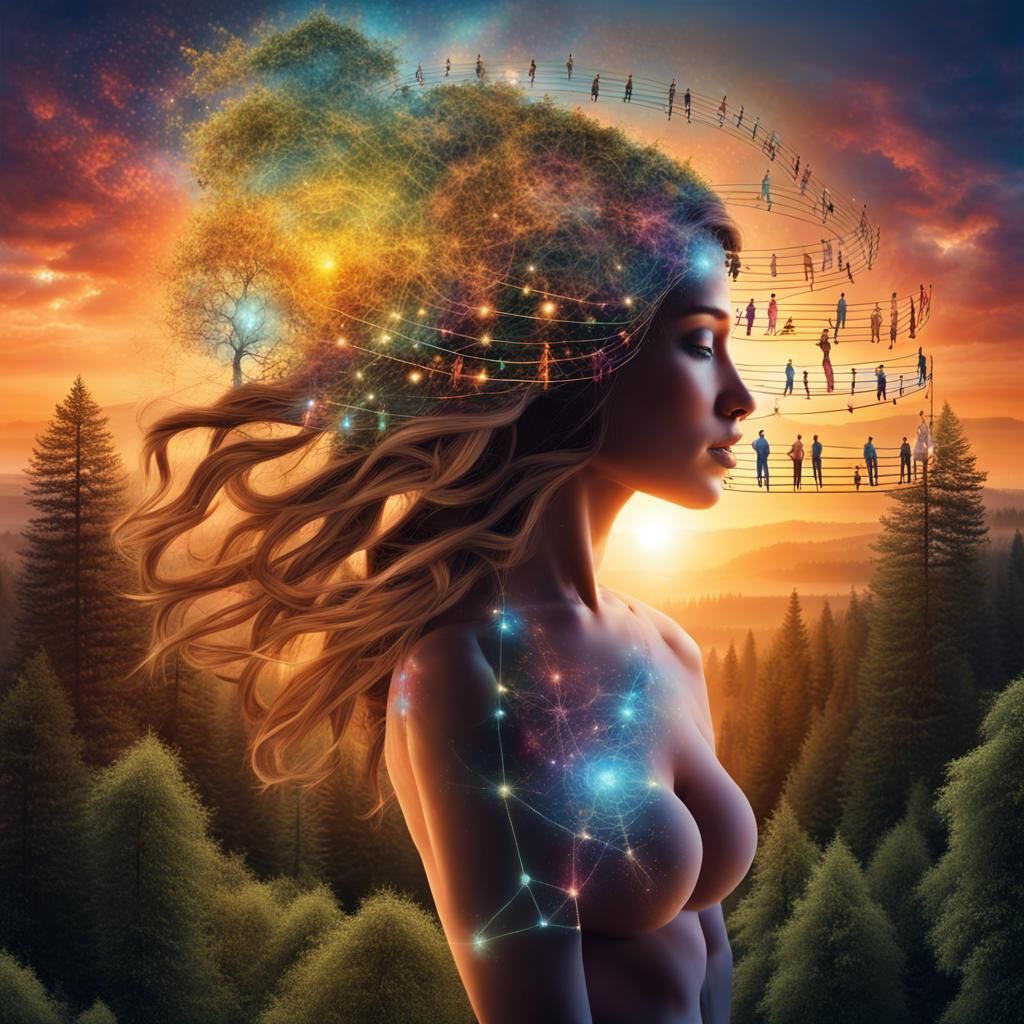 Bio Art of Resilient Woman Saving Nature, DNA Melody Harmony