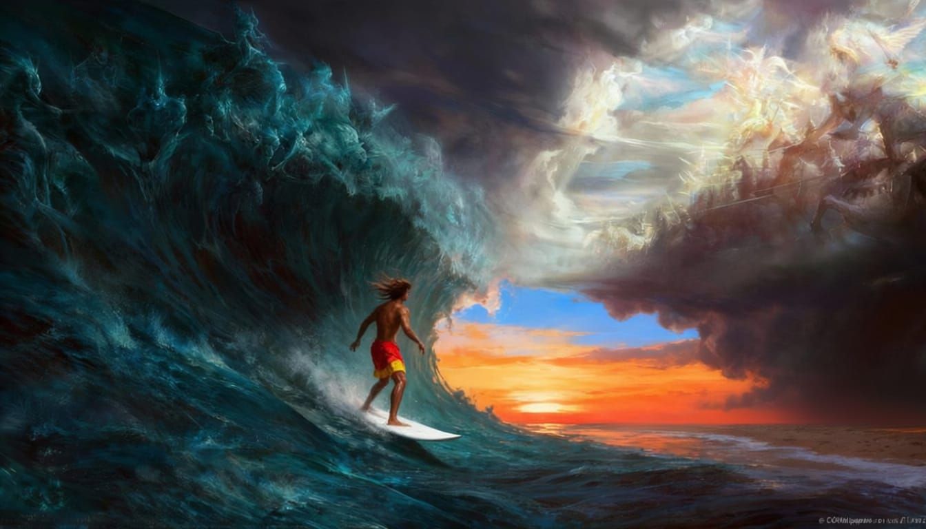 Lone Surfer Faces Giant Waves in Fantasy Sunset Painting