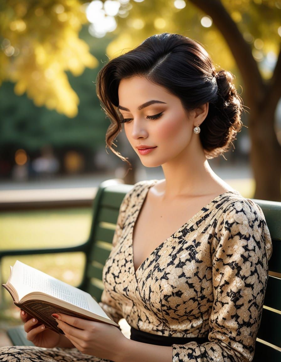 1950s Indonesian Woman Reading in Golden Hour Park