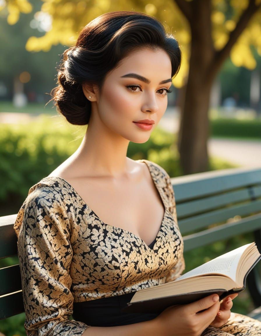 1950s Indonesian Woman Reading Book in Golden Hour Park