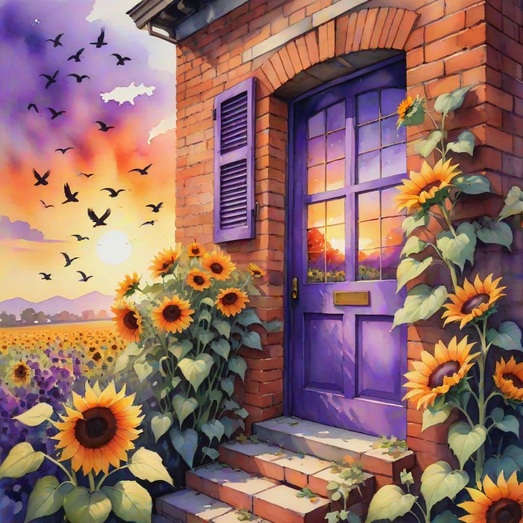 Vibrant Sunset with Purple Door and Sunflowers