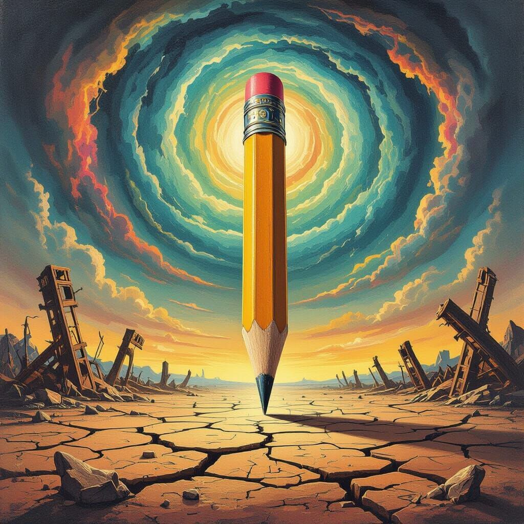 Giant Antique Pencil Floats Over Desolate Landscape