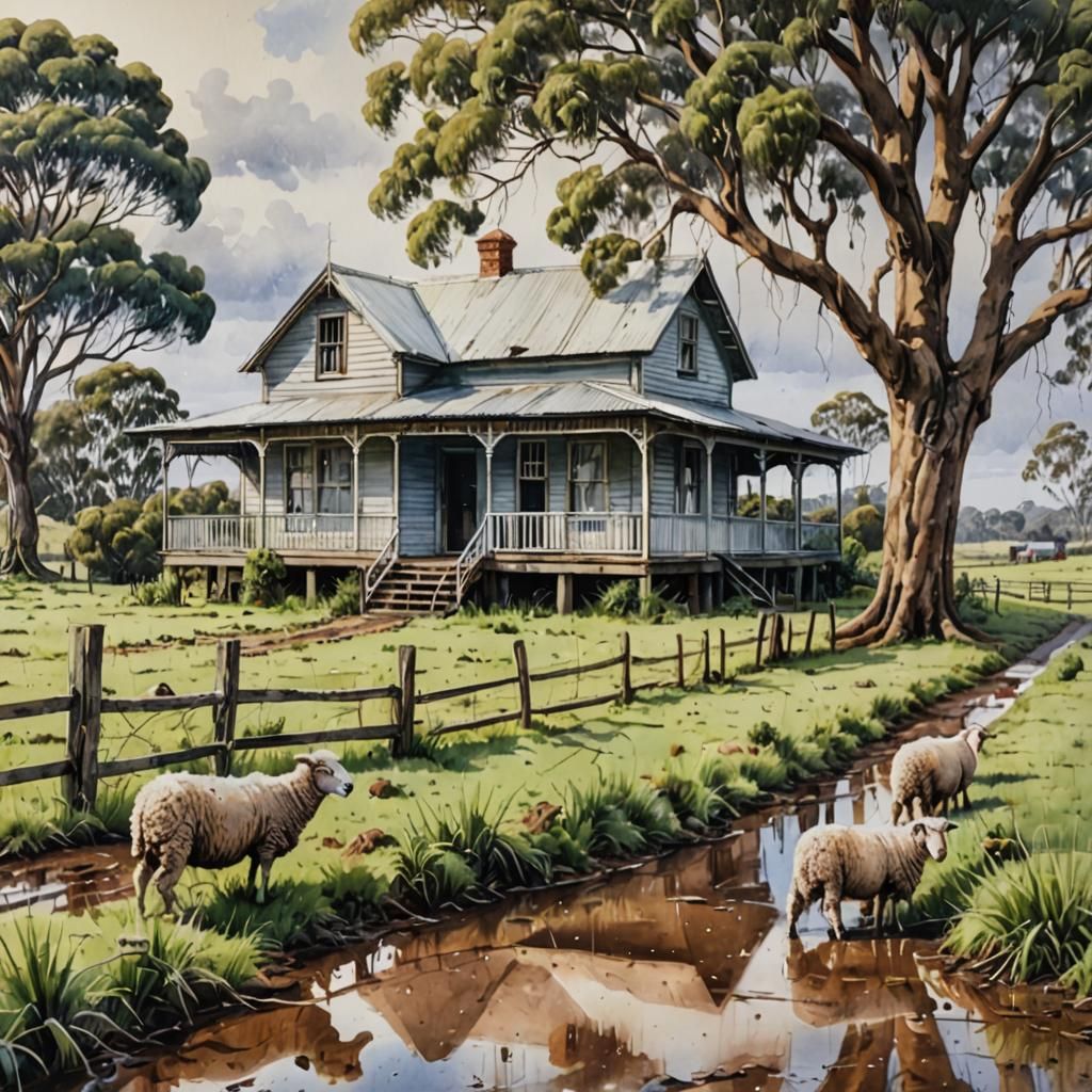 Queenslander House on Farm in Watercolor Style
