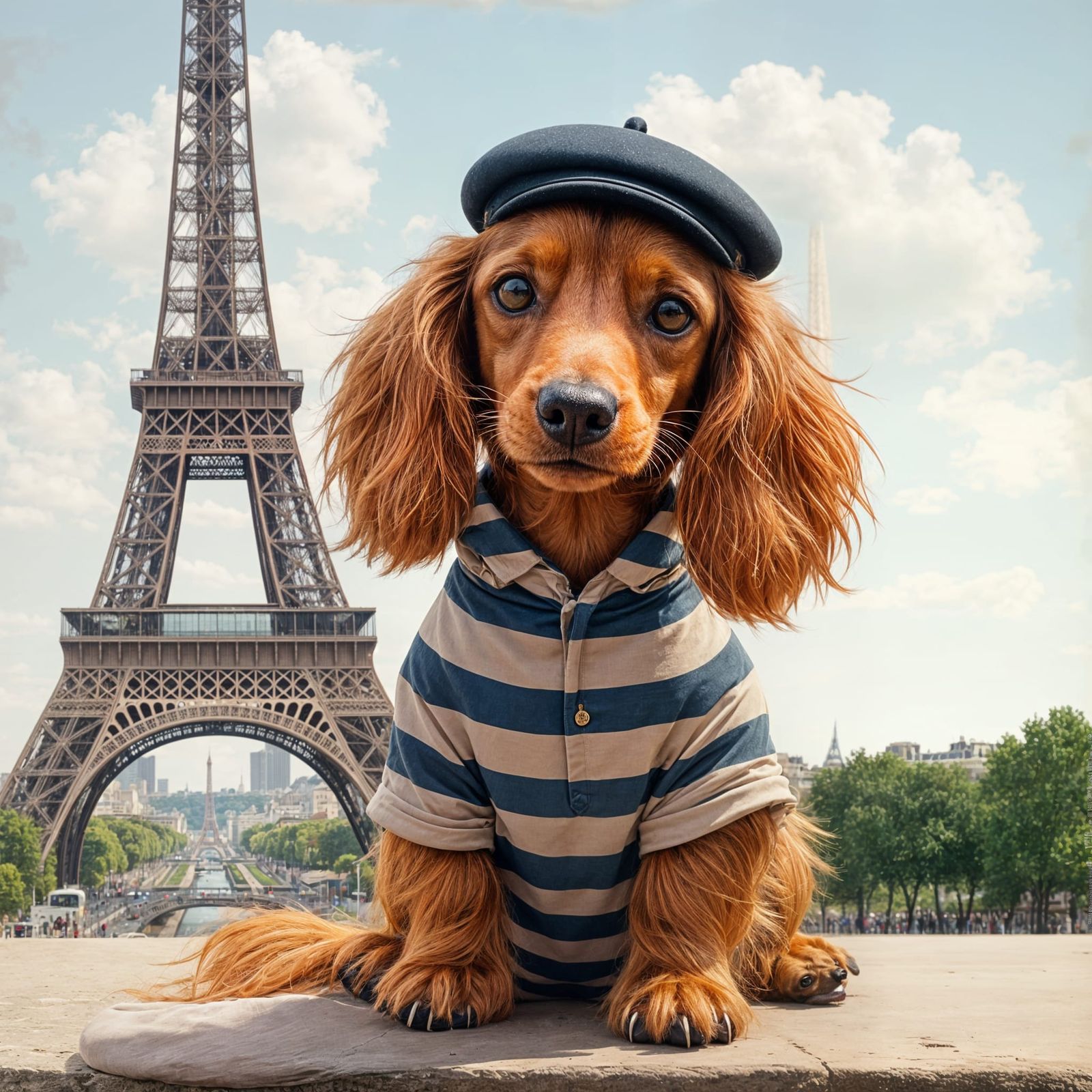 Dachshund Parisian Artist at Eiffel Tower