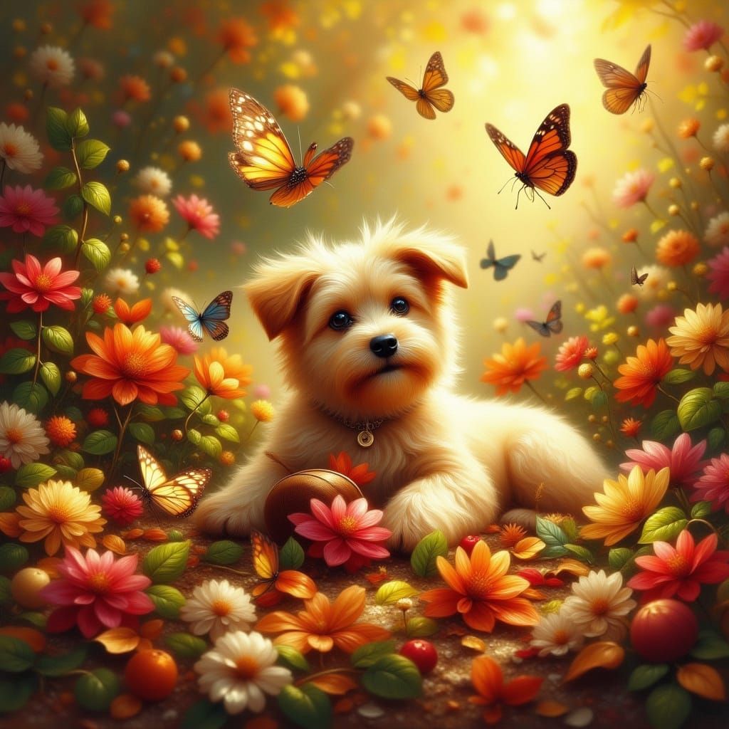 Cream Puppy in Floral Scene, Oil Painting Style