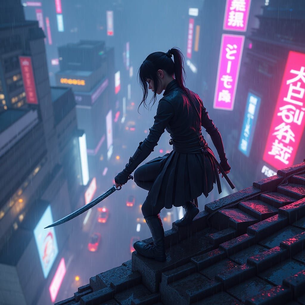 Kunoichi in Neon Seoul at Night