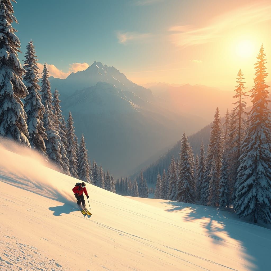 Serene Skiing Scene in Vibrant Digital Art Style