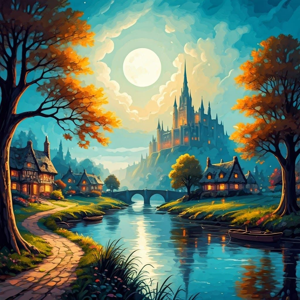 Impressionistic River Village with Castle and Moon