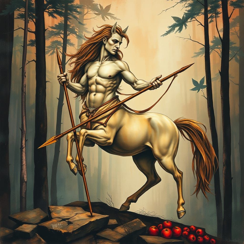 Centaur with Spear in Surreal Impasto Forest