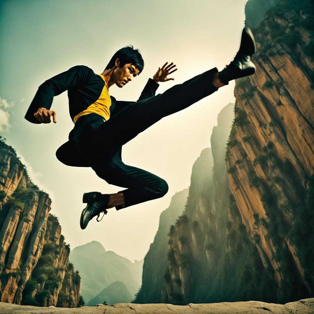 Bruce Lee's Flying Kick: Cinematic Film Still