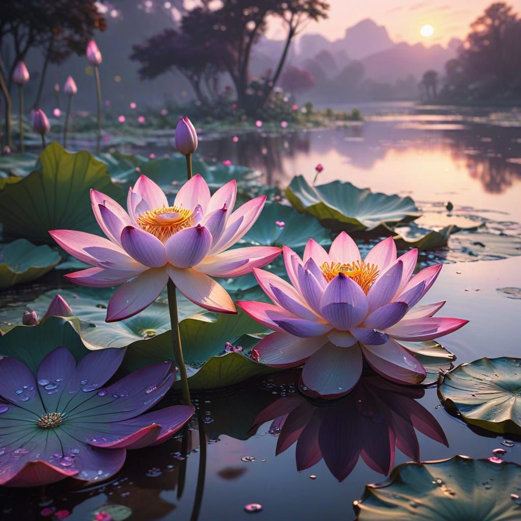 Serene Watercolor Lotus Blooms at Dawn