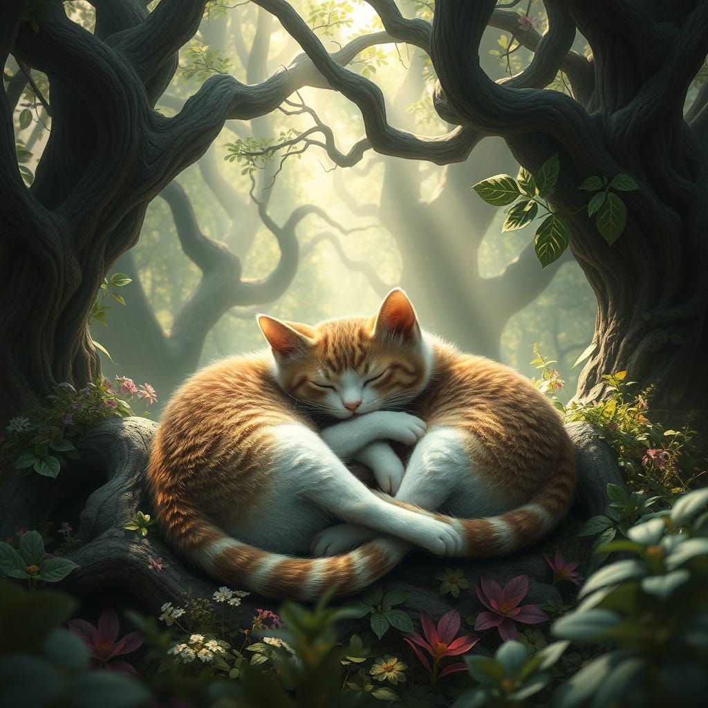 Mystical Feline Twins in Whimsical Forest Scene