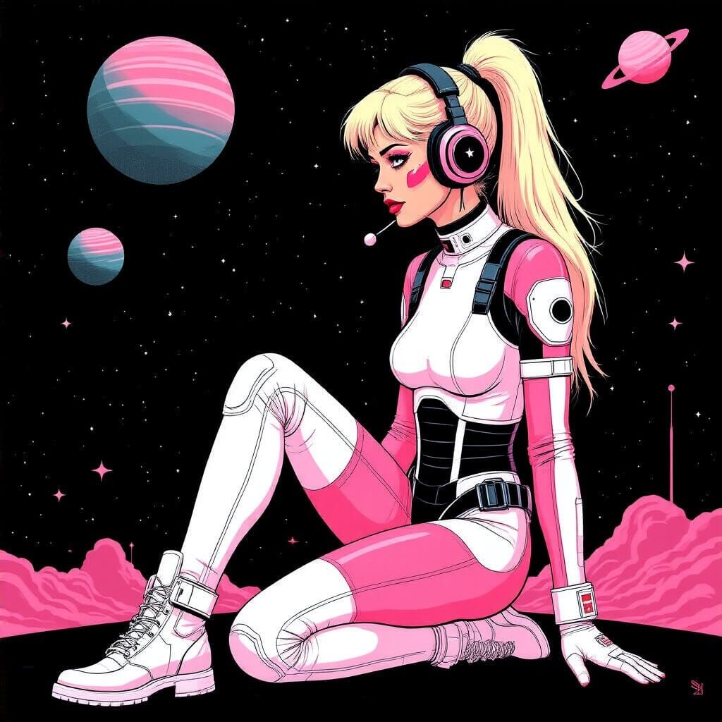 Futuristic Woman in Pink Outfit with Planets and Stars