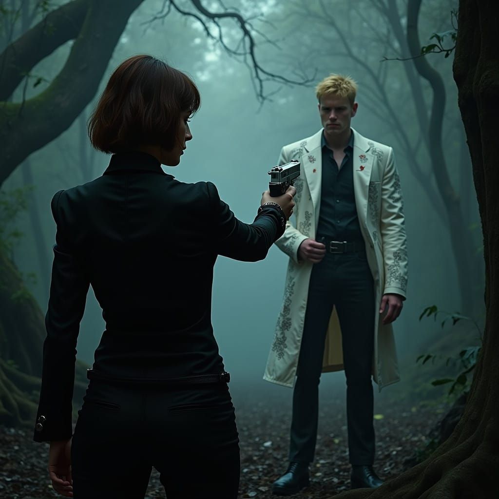 Sleek Woman Confronts Confident Necromancer in Dark Forest