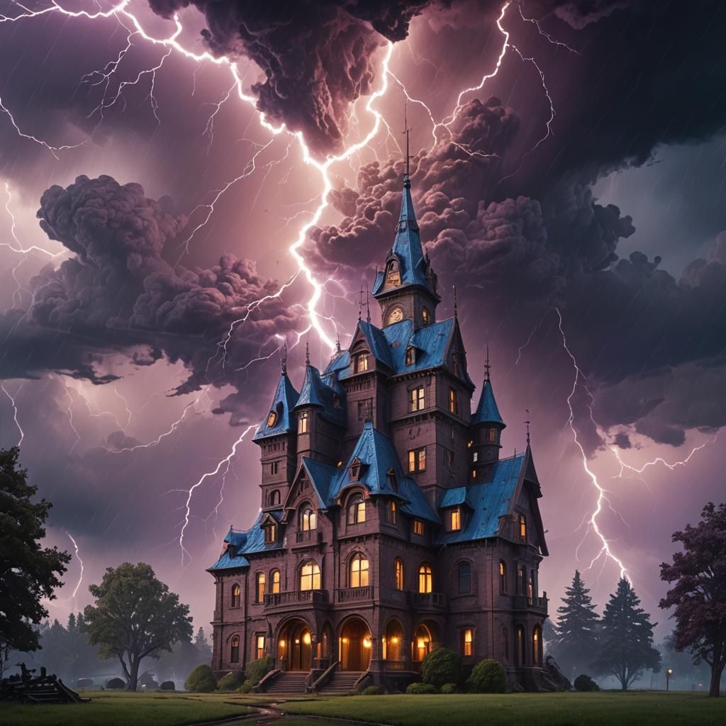 Lightning Strikes Gothic Mansion in Epic Fantasy Art