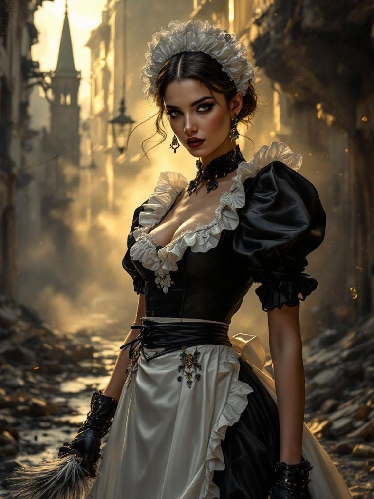 Steampunk Maid in War-Torn City, Dramatic Lighting