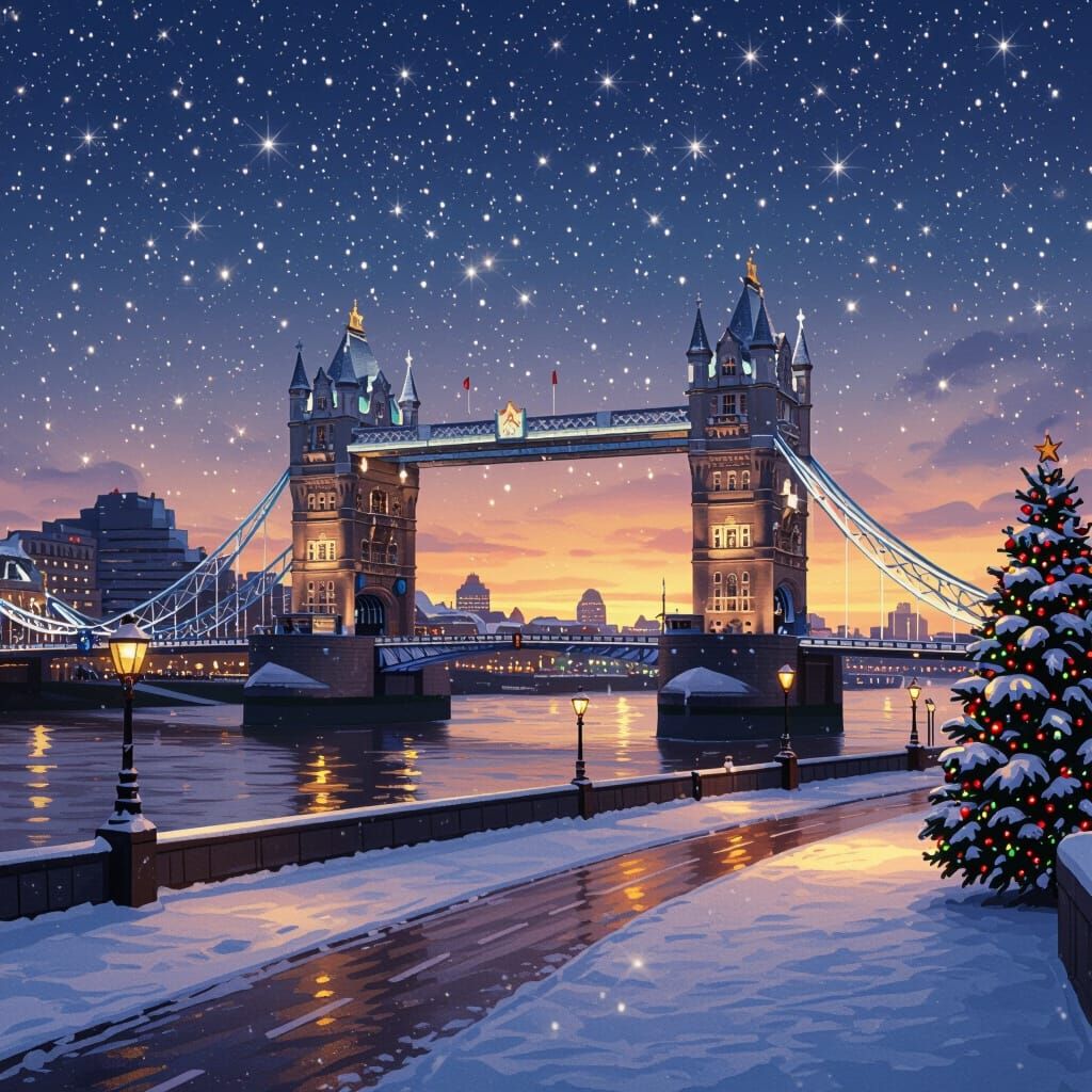 Winter Sunset Over Snowy Tower Bridge in London