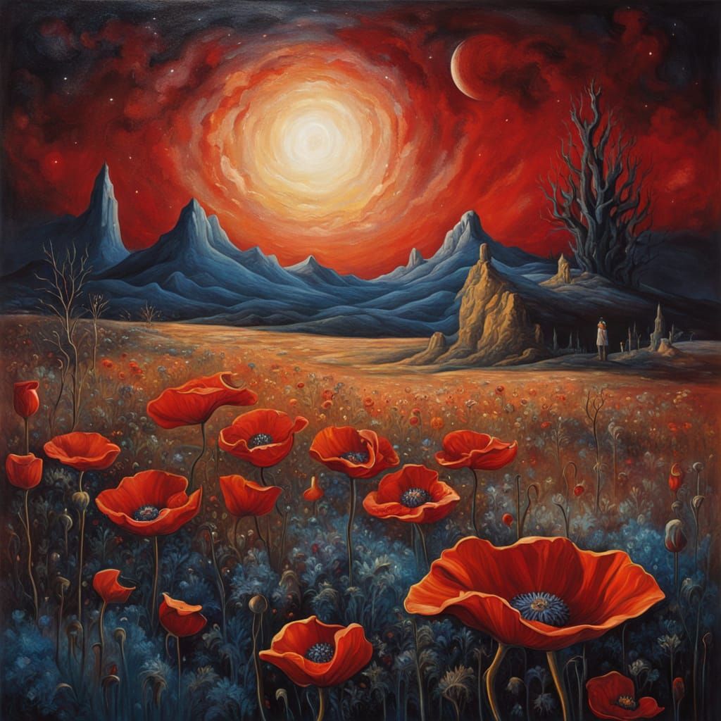 Surreal Fading Stars and Rare Poppies Oil Painting