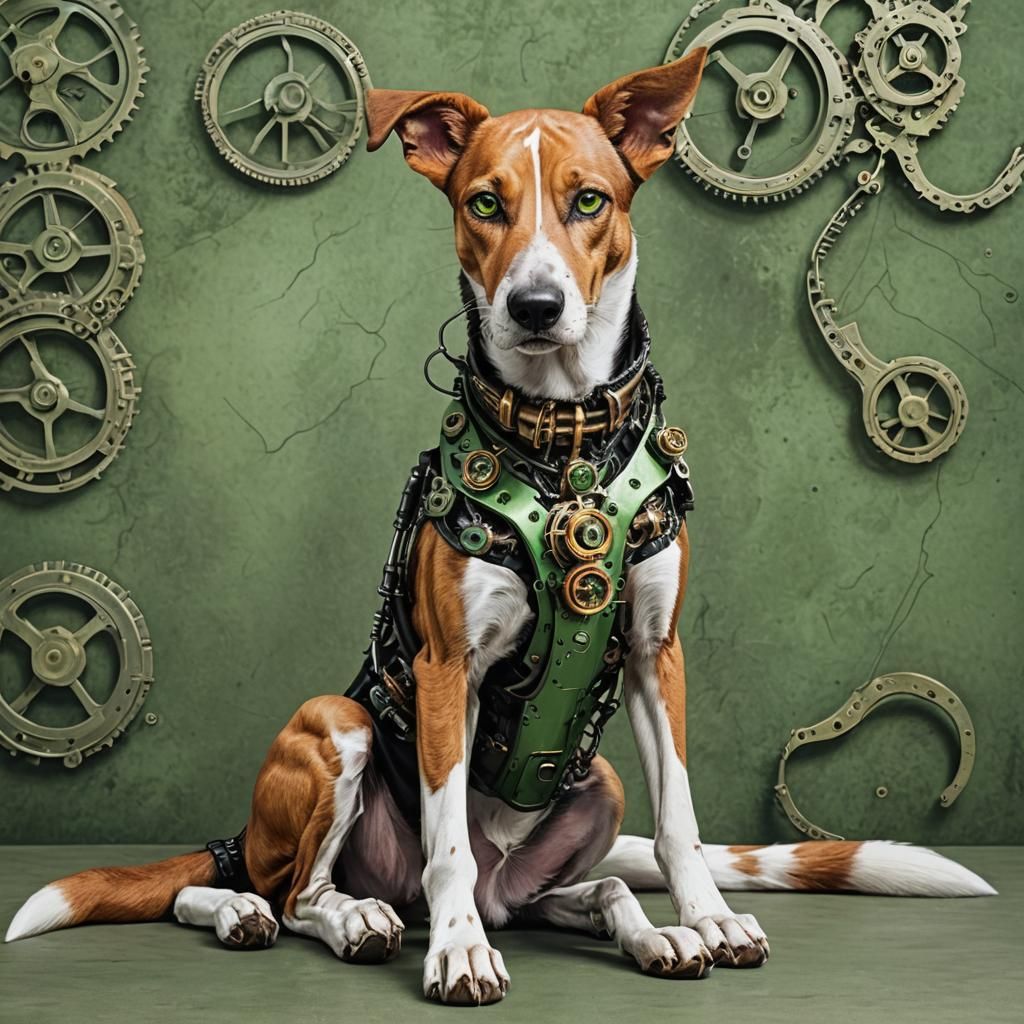 cyborg American Foxhound, chilling green eyes