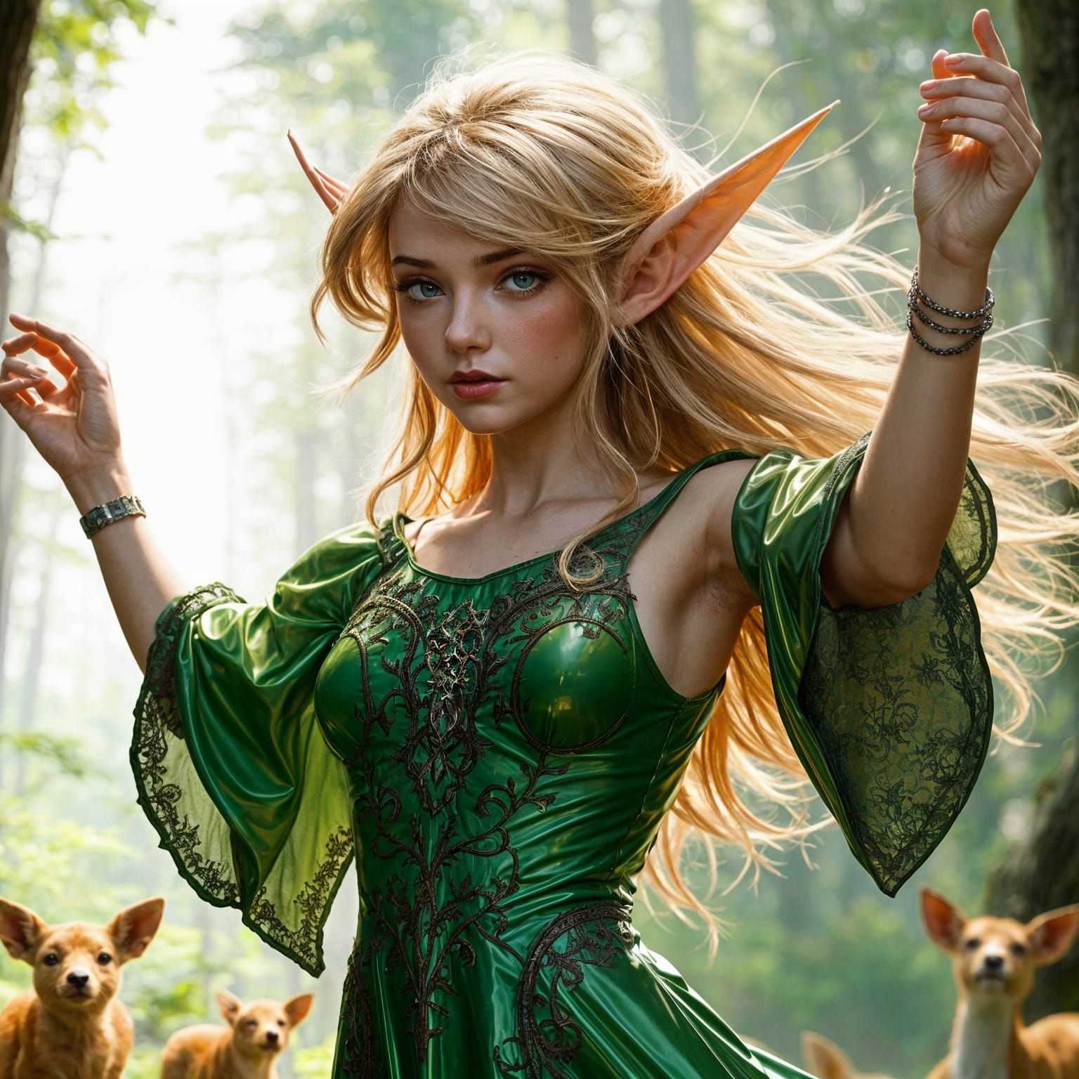 Ethereal Elf Goddess in Shimmering Latex Attire Amidst Whims...