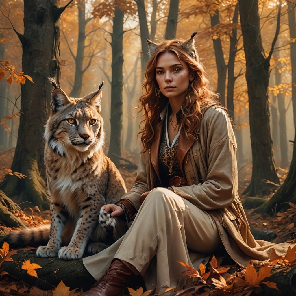 Woman with Lynx in Autumn Forest: Matte Painting