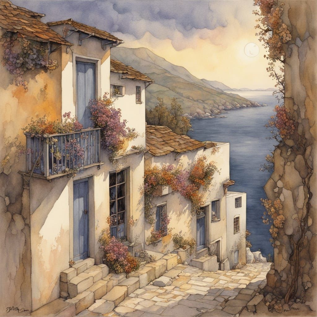 Bodrum: Dreamy Watercolor Landscape with Pastel Colors