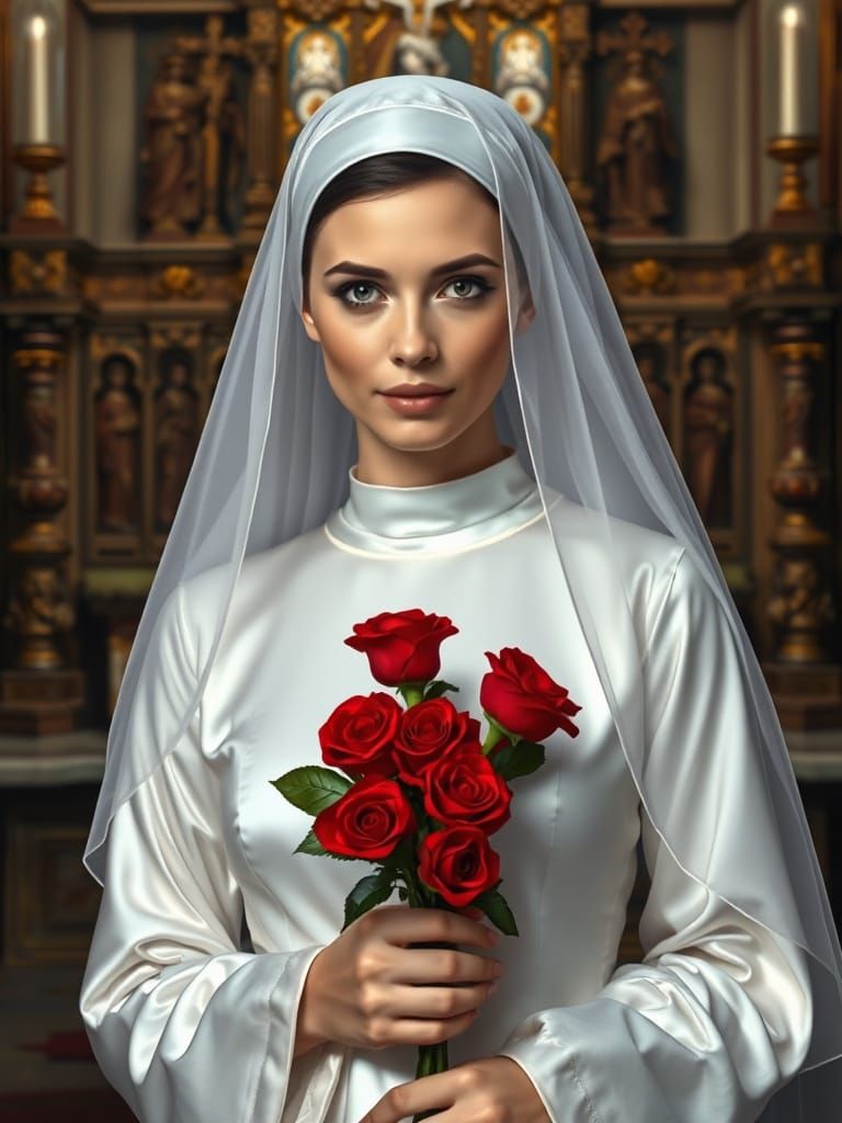 Bride in White Habit with Roses, Masterpiece Style