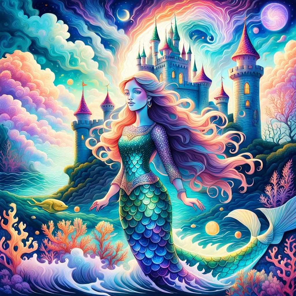 Cosmic Mermaid in Sea Castle Illustration
