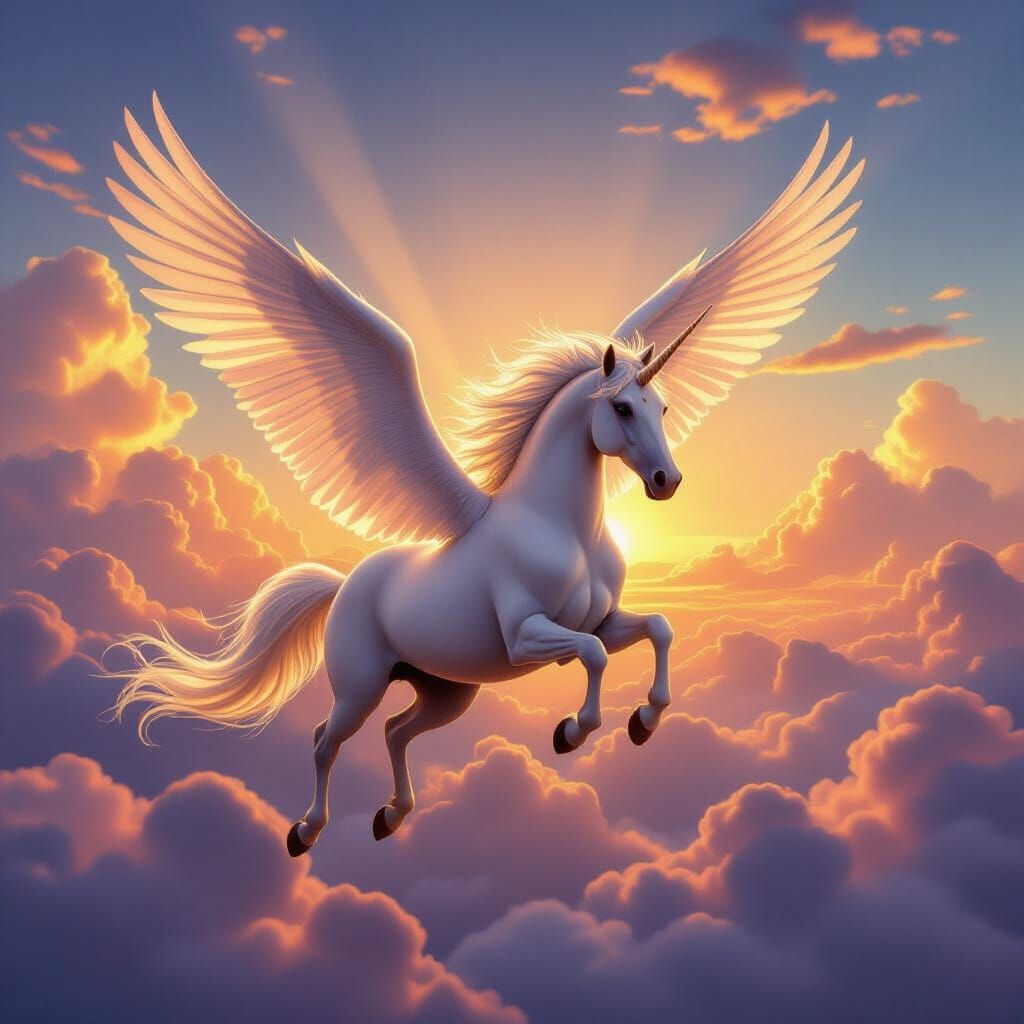 Pegasus Soaring Through Luminous Clouds in Kinkade Style