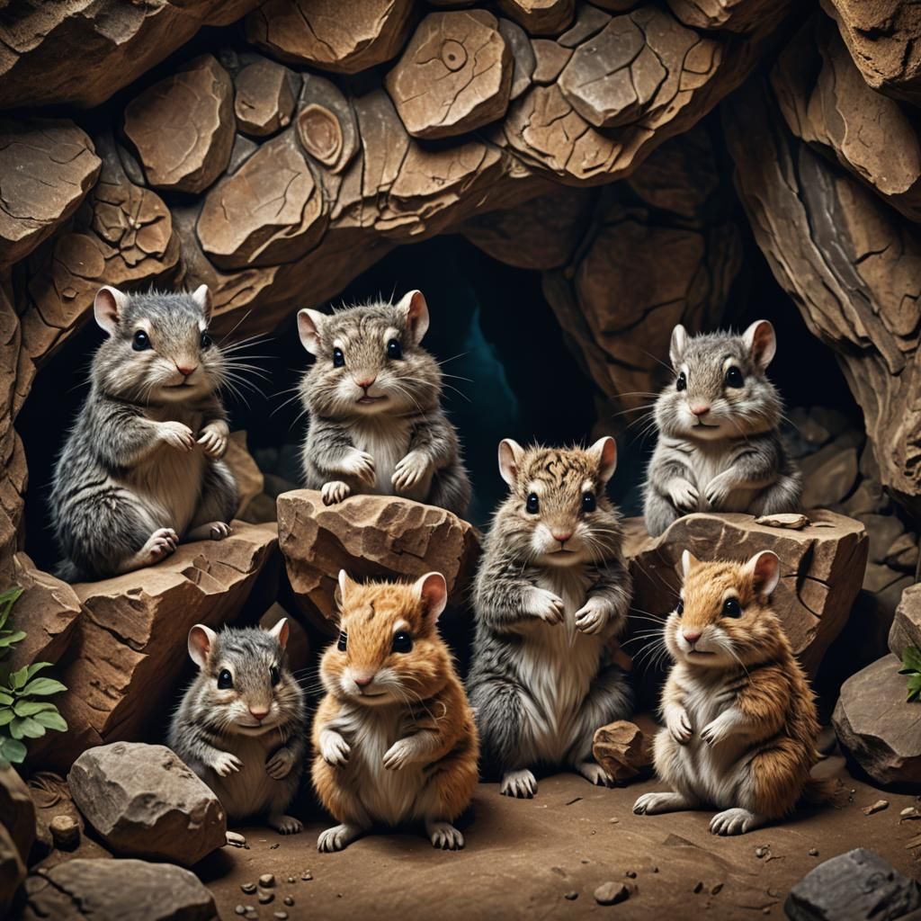 Several species of small furry animal sitting in a cave and ...